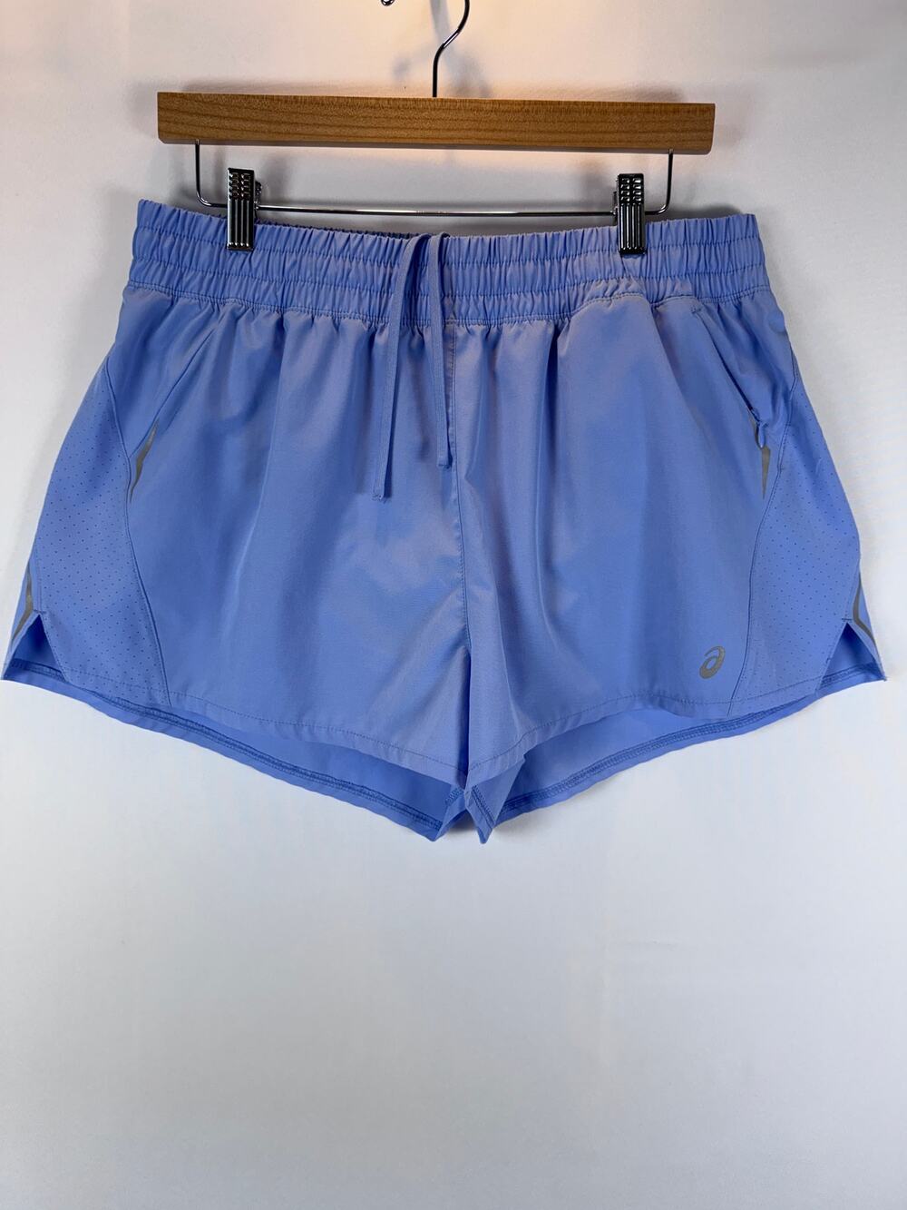 ASICS Womens XL Periwinkle Running Shorts Lined Zip Pocket Reflective
